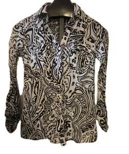 Cache Long Sleeve Pearl Snap Blouse Black White Abstract Women Size Medium M - Picture 1 of 11
