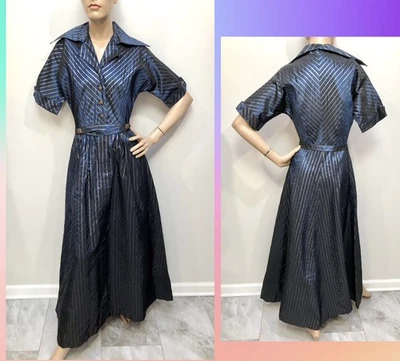 VESTIDO DE COLECCIÓN AÑOS 40 PIEL DE TIBURÓN RAYÓN *RAYAS DORADAS METALIZADAS CREMALLERA FRONTAL XXS Foto 1 de 4