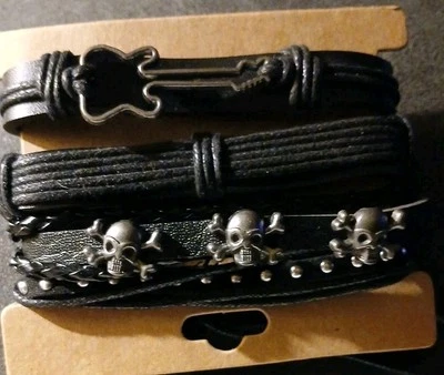 Мужская кожа 4 шт. Браслеты.  Гитара, черепа и т. д. Новый... Галстук сзади... - Изображение 1 из 4
