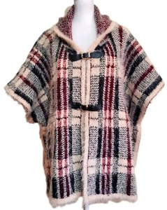 Ethyl hooded plaid eyelash knit buckle front sweater poncho cape cardigan OS - Picture 1 of 13
