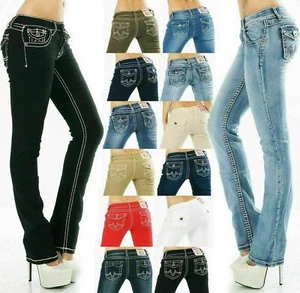 Women's Straight leg Jeans stretch Denim skinny embroidered Pants Sizes UK 8-16 - Picture 1 of 70