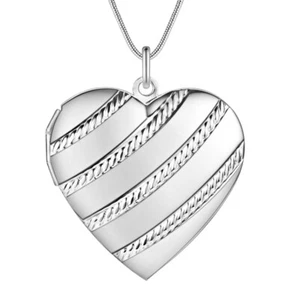 Adjustable Silver Striped Heart Locket Necklace Photo Pendant Snake Chain Gift - Picture 1 of 5