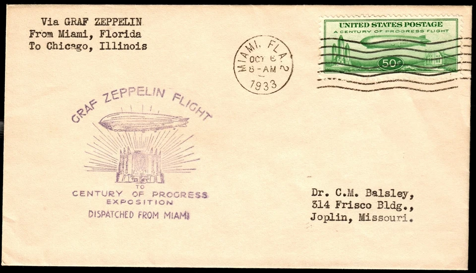 US #C18 FDC 50c Baby Zeppelin Oct 6, 1933 Miami to Chicago in VF-XF (CV $Unl) - Image 1 of 2