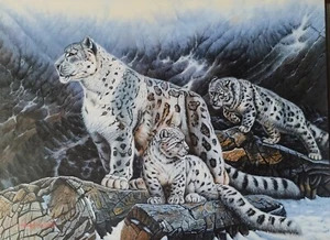 Henry Roland"s "Snow Leopards" Big Cats Wildlife Large 30x40 Original Oil/Canvas - Picture 1 of 6