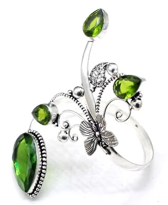 925 Sterling Silver Green Peridot Gemstone Handmade Jewelry Cuff Bracelet S-ADJ" - Image 1 of 4