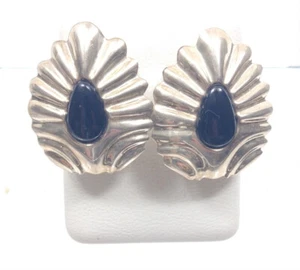 Sterling Silver Taxco Mexico Earrings Black Onyx Mexican Large Clip-On 925 - Picture 1 of 7