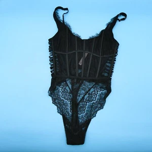 Victorias Secret Medium Black Very Sexy Wicked Unlined Floral Lace Corset Teddy - Picture 1 of 10