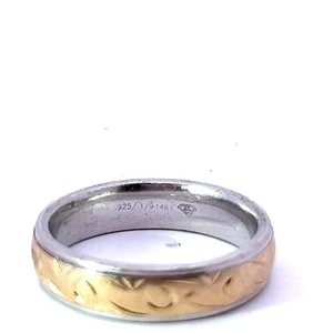 925 Plata de Ley & 14K Oro Amarillo 6mm Ancho Espiral Grabado Diseño Anillo - Imagen 1 de 4