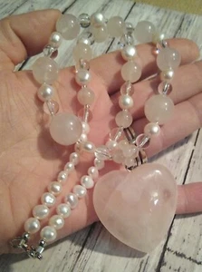 LEE SANDS LS Pink Quartz Heart and BAROQUE Pearl Necklace, Great VIBE, Signed! - Picture 1 of 12
