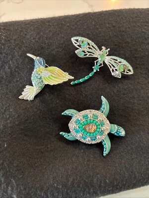 Napier Brooches Three One Dragon Fly One Turtle One Hummingbird NEW Mint Aqua - Image 1 of 4