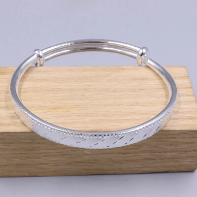 Fine Silver 999 Bangle Women's Adjust Carved Line Closed Bracelet 2.36inchD - Image 1 of 4
