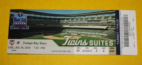 Minnesota Twins Ticket Stub | July 1 2010 | Joe Mauer Evan Longoria Hit Cover