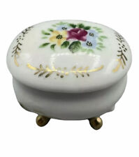 Bone China Floral Trinket Box with Lid 4 Footed Gilded Hand Painted Oval 1.5” T