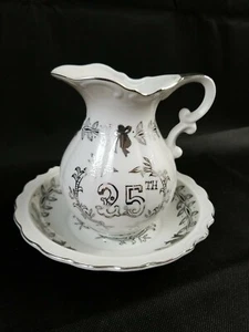 Lefton 25th Anniversary #5992 Pitcher and Bowl Set Silver Trimmed Scalloped Edge - Picture 1 of 11