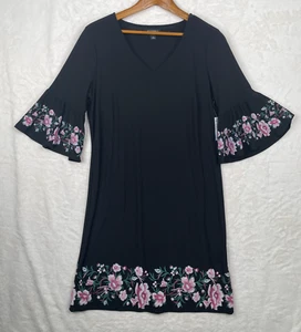 Roz & Ali Dress Womens Large Floral Black Embroidered Bell Sleeve Shift NWT - Picture 1 of 17