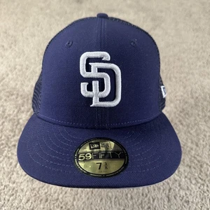 San Diego Padres Hat Cap Fitted Mens 7 3/8 Navy MLB Baseball Trucker New Era - Picture 1 of 11