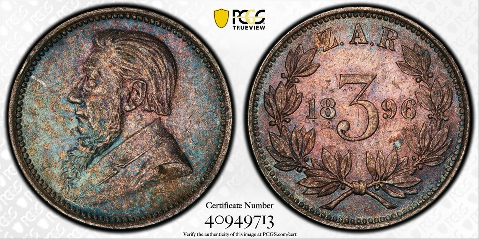 1896 SOUTH AFRICA KRUGER SILVER 3 PENCE PCGS MS64 POP Of 15! Extreme Dub Toning - Image 1 of 4