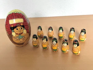 Juego de muñecas anidadoras de madera artesanales vintage de la tribu nativa americana jefe indio - Imagen 1 de 4