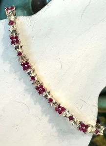Gorgeous Vintage Signed KB Thai Sterling Silver Ruby CZ Flower Tennis Bracelet - Picture 1 of 12