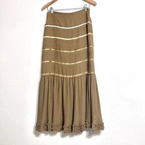 Dana Buchman Skirt Women 2 Tan Pleated Gold Ribbons Maxi - Picture 1 of 6