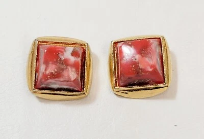 2 Botones Vintage Medianos Cuadrados Tono Dorado Metal Naranja Vidrio Moteado Foto 1 de 4