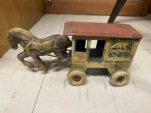 Vtg 1930s Marx Toyland's Tin Litho Horse Drawn Farm Products Wagon Wind Up Toy - Picture 1 of 3