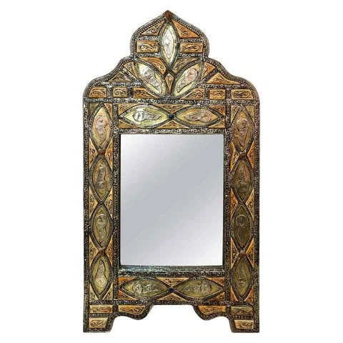 Vintage Moroccan Vanity or Wall Mirror Arched in Brass and Orange Natural Bone Cover