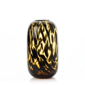 Glass Cylinder Vase Abstract Tortoise Shell Print Flower Holder Brown Yellow - Picture 1 of 1
