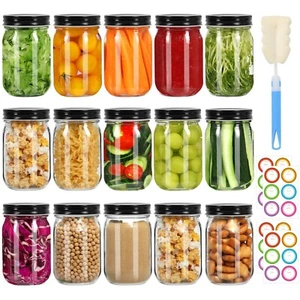 Mason Jars 16 oz with Black Lids, 15 Pack Canning Jars, Clear Regular Mouth G... - Picture 1 of 7