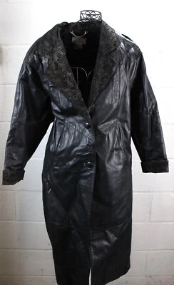 MAGGIE LAWRENCE Vintage Black Leather Gold Floral Lace Trench Jacket Coat M - Image 1 of 4