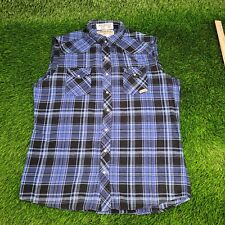 Wrangler Wrancher Madras Plaid Cutoff Flannel Shirt XL Pearl-Snap Blue Black