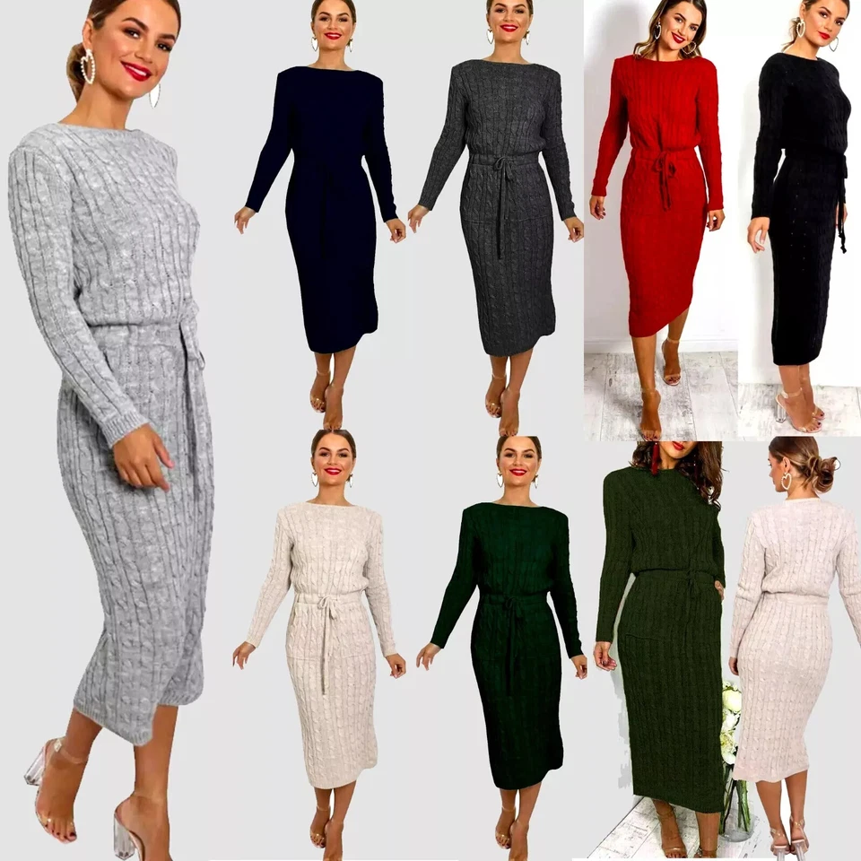 Women's Cable Knit Jumper Dress with Pockets, Winter Long Midi Dress, Tie-Up - Image 1 of 1