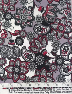 Diane Knapp David Textiles Paisley Floral 27"x WOF  Black Red Gray Cotton Fabric - Image 1 of 3