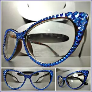 Classy Elegant RETRO Cat Eye Style Clear Lens GLASSES Sapphire Crystals Handmade - Picture 1 of 9