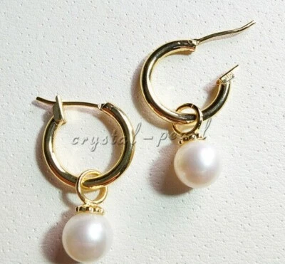 Pendientes de perlas redondas AAA blancas naturales de 7-8 mm aro de oro amarillo de 14 k Foto 1 de 4