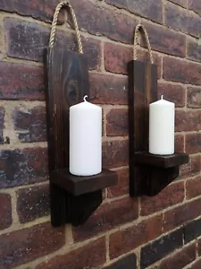 Pair of fire treated wooden wall sconces - pilar candle holder 50cm 20 inch - Picture 1 of 10