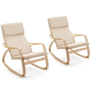 Silla mecedora Costway 2 piezas de madera doblada relajante mecedora salón con cojín beige - Imagen 1 de 12