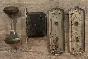 Antique Brass Door Knob, Metal Backplates and Mortise 7.5” - Picture 1 of 8