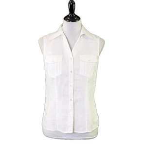 Camisa Puli 100% Lino Sin Mangas Botón Frontal Ajustado Bolsillos Blanca Talla 6 - Imagen 1 de 12
