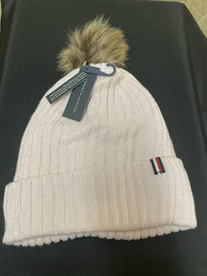 Tommy Hilfiger GORRO DE PUNTO CON PUÑO Y PIEL SINTÉTICA POM-POM Rosa NUEVO CON ETIQUETAS Foto 1 de 4