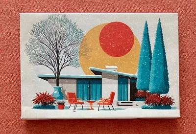 NEW MCM Winter Christmas Printed Canvas Framed Retro Picture 8x12 Ready to Hang - Image 1 of 4