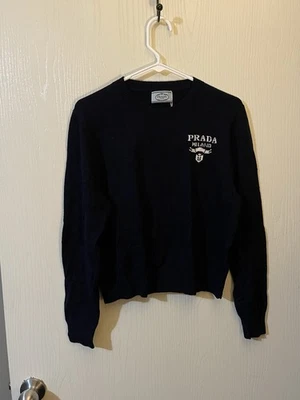 PRADA Navy Cashmere/Silk White Intarsia Logo Pullover Sweater 40/US 4 - Image 1 of 4
