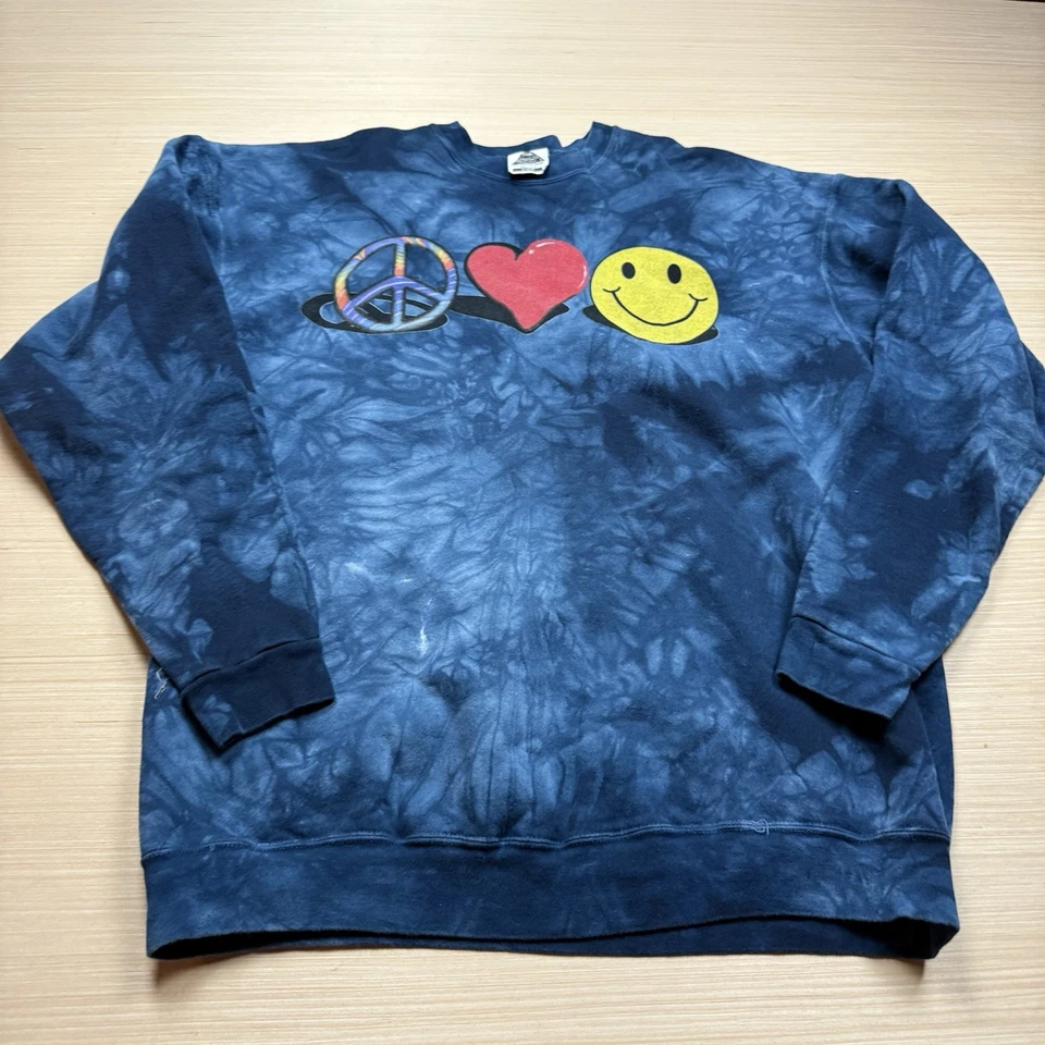 Vintage 90s Tie Dye Peace Sign Love Smiley Face Sweatshirt Tie Dye XL Hippie - Image 1 of 4