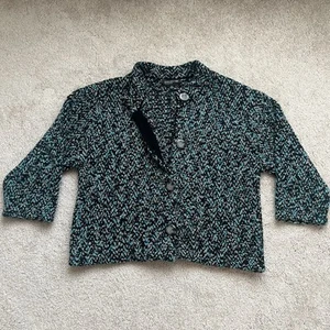Jones New York Textured Tweed Boucle Cardigan Sweater Size M Teal Blue Black - Picture 1 of 6