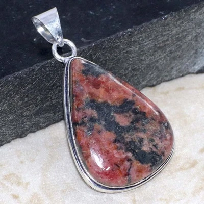 925 Silver Plated Rhodonite Pendant 1.8" Jewelry Statement Jewelry GW - Image 1 of 3