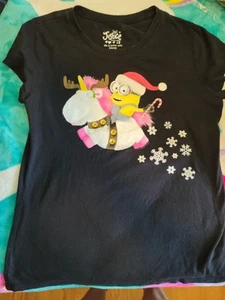 Girls Justice 18 Black Minion Unicorn Snowlflakes Christmas T-shirt Short Sleeve - Picture 1 of 1