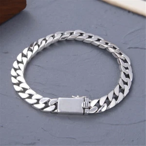 Pure S925 Sterling Silver Chain 7mm 8mm Cuban Curb Link Bracelet 6.7-9inch L - Picture 1 of 9