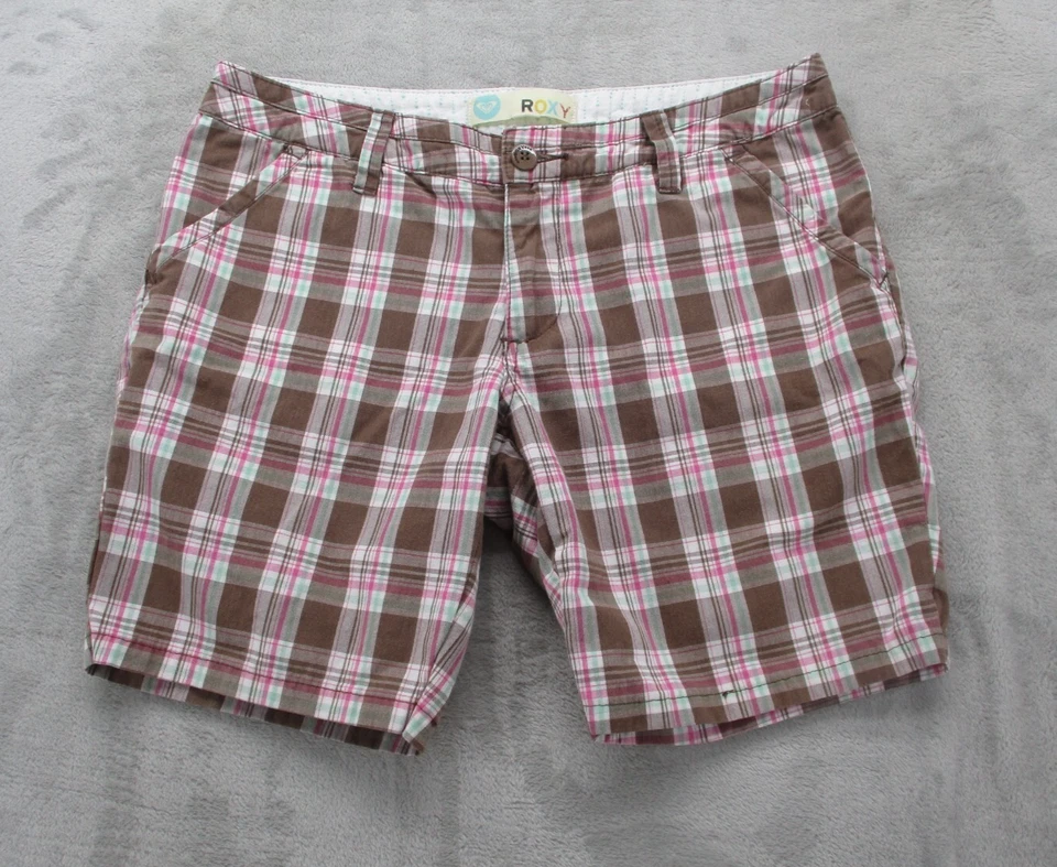Roxy Bermuda Shorts Women's 8 Brown Pink Ivory Plaid Cotton - Image 1 of 4