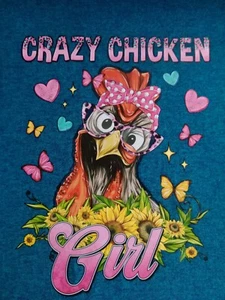Funny Women's Green SS V-Neck Graphic T-Shirt Crazy Chicken Girl Sz 3XL Handmade - Picture 1 of 5