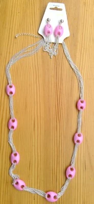 2-piece set necklace/earrings pink plastic beads chain link sections 15" drop - Image 1 of 4